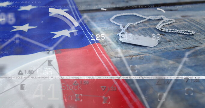 Naklejki Displaying silver military dog tags resting on wooden table, with US flag, HUD graphics, copy space
