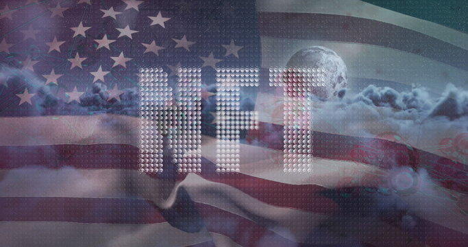 Floating metallic NFT letters drifting across cloudscape, with American flag, moon, binary code - Powered by Adobe