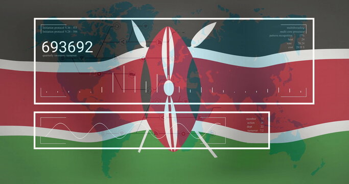 Naklejki Displaying central Maasai shield and crossed spears in digital infographic, with HUD panels