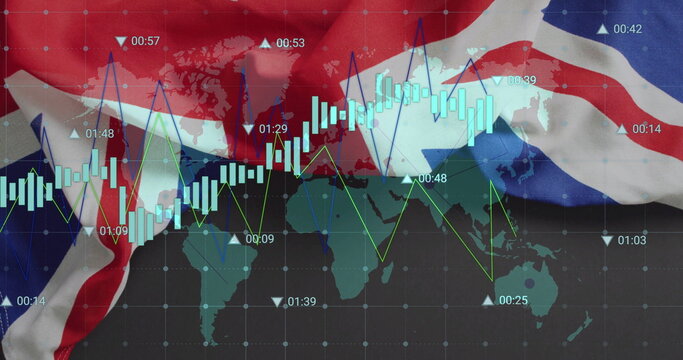 Naklejki Displaying Union Jack flag draping world map on display, with bar line arrow and timestamp overlays
