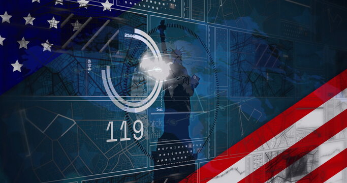 Naklejki Displaying circular chart with Statue of Liberty silhouette and ‘119' on flag-themed dashboard