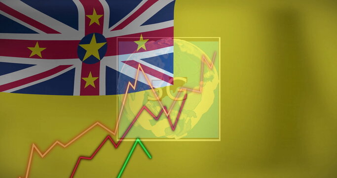 Naklejki Displaying Niue flag motif overlaying infographic slide, with globe map and rising line graphs