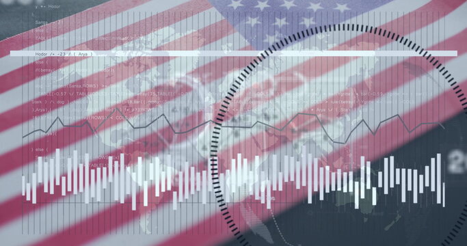 Naklejki Displaying white vertical waveform bars pulsing on screen over American flag with code snippets