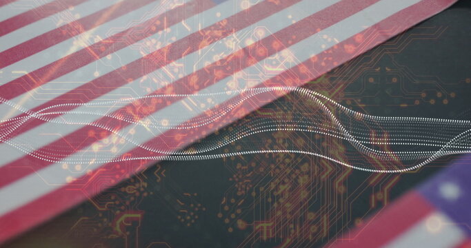 Naklejki Displaying American flag featuring digital circuit pattern in composite, with dotted waveform lines