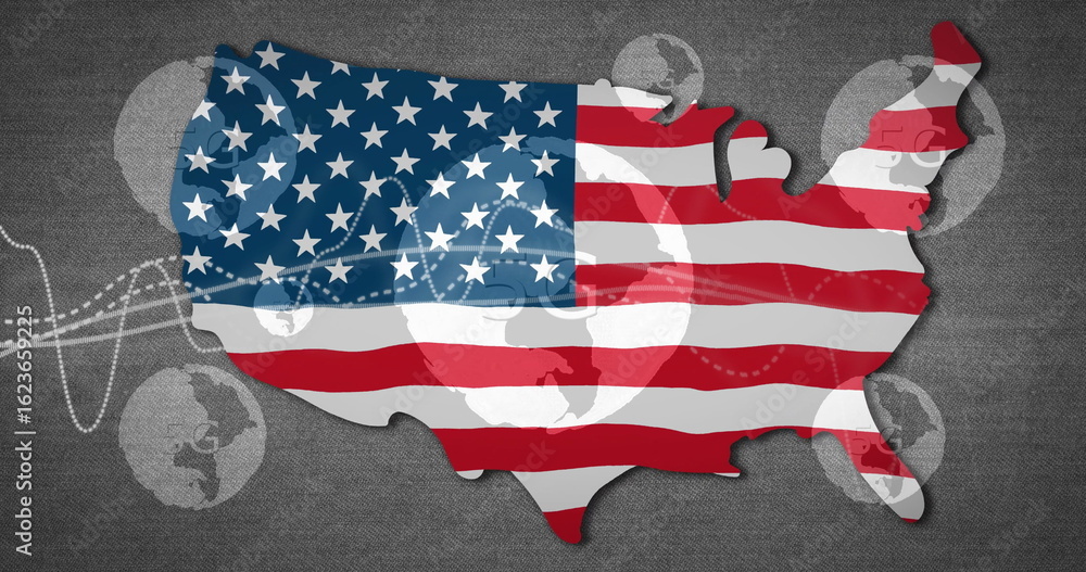 Poster displaying us map silhouette connecting globe icons on digital canvas background, with flag pattern