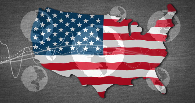 Naklejki Displaying US map silhouette connecting globe icons on digital canvas background, with flag pattern