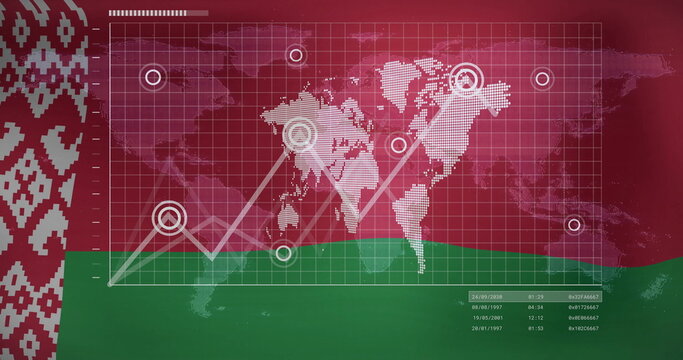 Naklejki Displaying data overlay on Belarus flag with world map grid markers, line chart, date-time codes