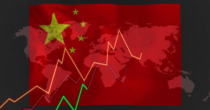 Naklejki Displaying Chinese flag and world map overlay in digital graphic, with rising colored trend lines