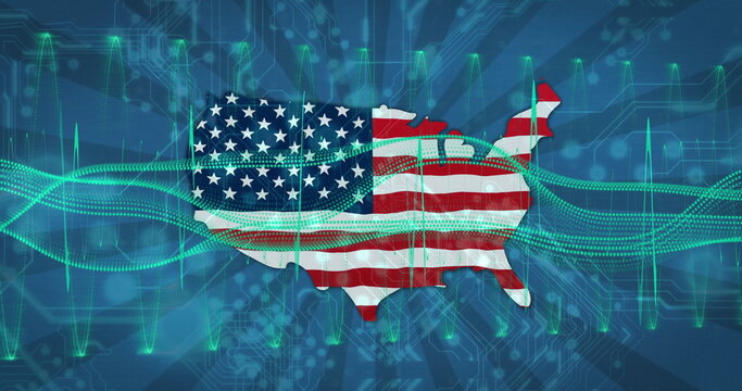 Naklejki Displaying US silhouette showing green data streaming across network, with American flag pattern