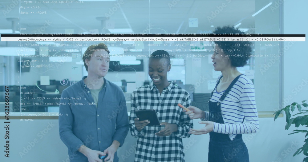 Poster discussing three software developers examining code on tablet in office, with coding wall and plant