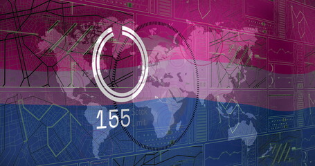 Displaying circular gauge indicating stock limit 155 on world map, showing line and polygon graphs
