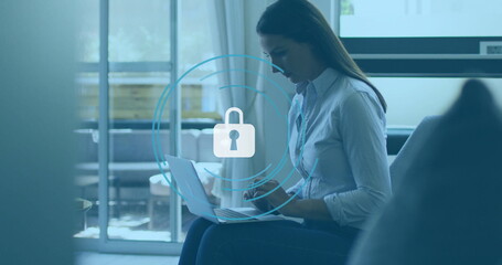Typing woman in business attire on laptop in corporate lounge, with stylus, lock icon, copy space
