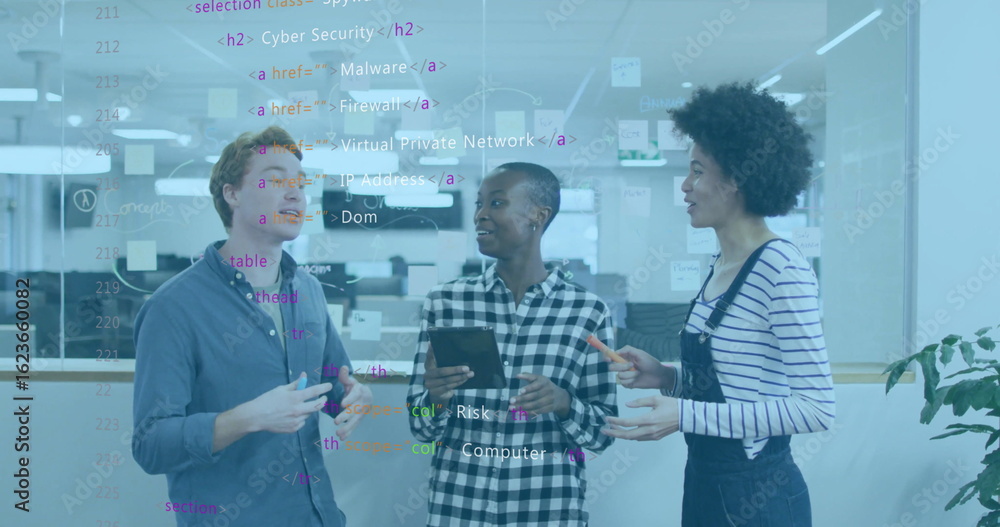 Poster collaborating it professionals analyzing code on glass partition in office with tablet marker pen