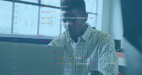 Man in checked shirt analyzing HTML code snippets using open laptop in office, with coffee cup