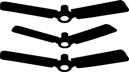 "A trio of black silhouette ceiling fans arranged vertically (top to bottom) along a pale gray canvas. Each fan is shown in top view with visible propeller blades and a small central hub, drawn in a f