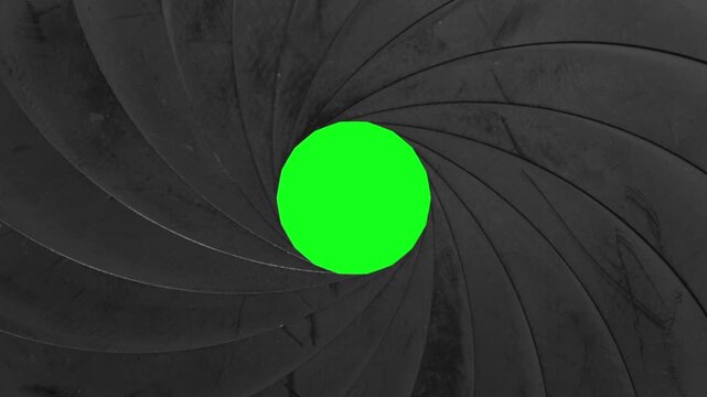 Close-Up of Camera Lens Iris Opening and Closing on Green Screen