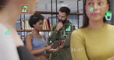 Presenting data charts Black woman holding tablet at modern office with floating icons, copy space
