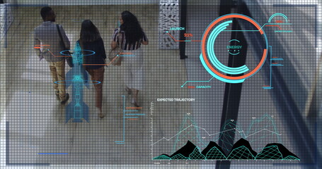 Walking professionals holding smartphone in glass corridor, with rocket and energy gauge overlays