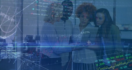 Analyzing financial data on tablet by four professionals in corporate office, stock ticker overlay