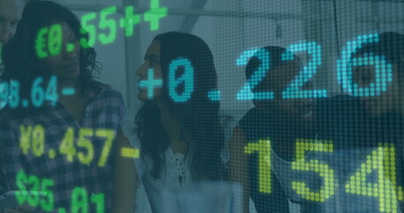 Six professionals in office attire discussing market trends in conference room, with digital screen