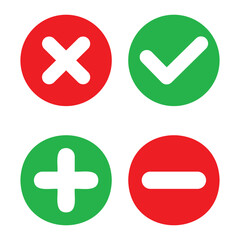 plus and minus, yes and cros icon. Symbols representing affirmation and negation in a simple graphic for intuitive understanding. For web and app. Vector