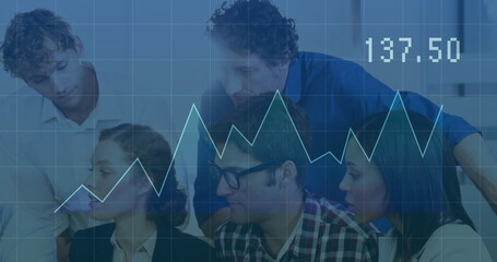 Six professionals in business attire are analyzing financial data in office, with chart overlay