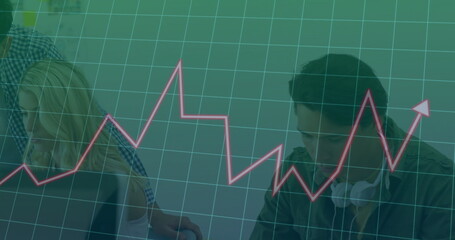 Collaborating co-workers typing on laptops in meeting room with headphones line graph overlay