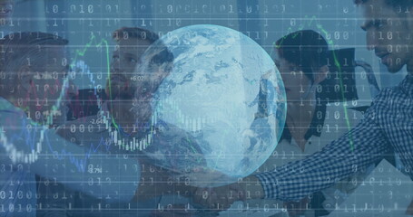 five professionals analyzing data on laptops in office boardroom, with rotating globe overlay