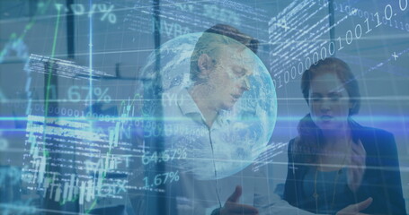 Analyzing two business professionals exchanging insights in conference room, with holographic globe