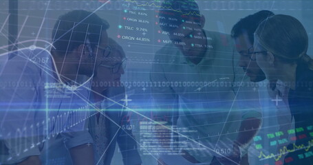 Leaning business team collaborating over laptop in boardroom, with speakerphone, chart projections