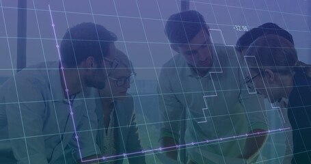 Business colleagues reviewing charts on laptop and discussing data in office, with grid overlay