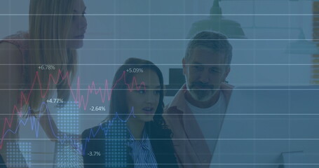 Analyzing professionals wearing blazer at office computer monitor displaying financial percentages