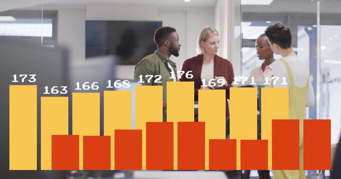 Four colleagues discussing live data trends in open-plan office, with digital bar chart overlay