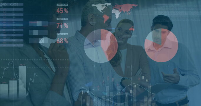 Analyzing team wearing suits examining financial data overlays on tablet in meeting room - Powered by Adobe