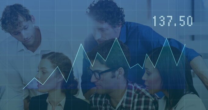 Six professionals in business attire are analyzing financial data in office, with chart overlay - Powered by Adobe