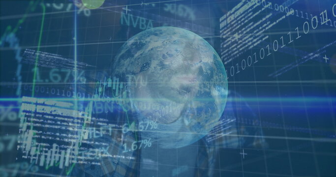 Male data analyst figure standing in virtual holographic space, with floating charts and globe - Powered by Adobe