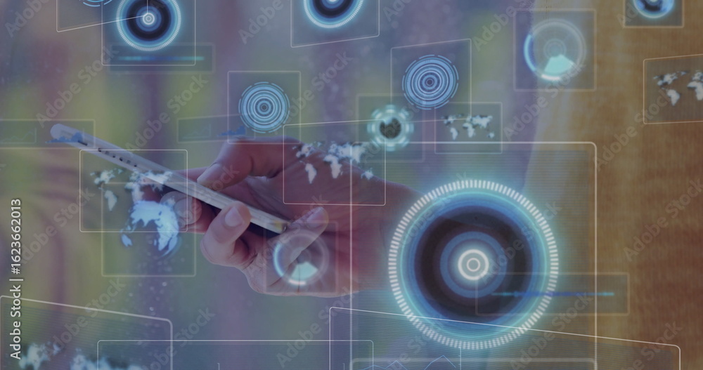 Poster holding smartphone revealing floating digital hud elements and world map overlays in virtual space