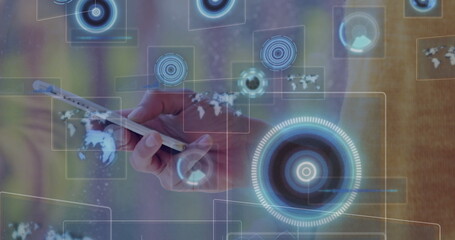 Holding smartphone revealing floating digital HUD elements and world map overlays in virtual space