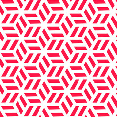 red and white geometric seamless pattern, geometric pattern, optical illusion, cubes pattern, tumbling blocks, isometric cubes, three diamond-shaped parallelograms, repeating hexagons, Necker Cube
