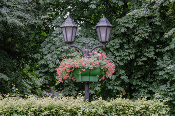 Elegant Vintage Street Lamp with Hanging Flower Basket in Lush Green Park – Urban Landscaping Concept