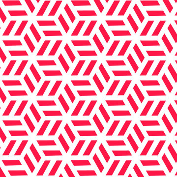 red and white geometric seamless pattern, geometric pattern, optical illusion, cubes pattern, tumbling blocks, isometric cubes, three diamond-shaped parallelograms, repeating hexagons, Necker Cube