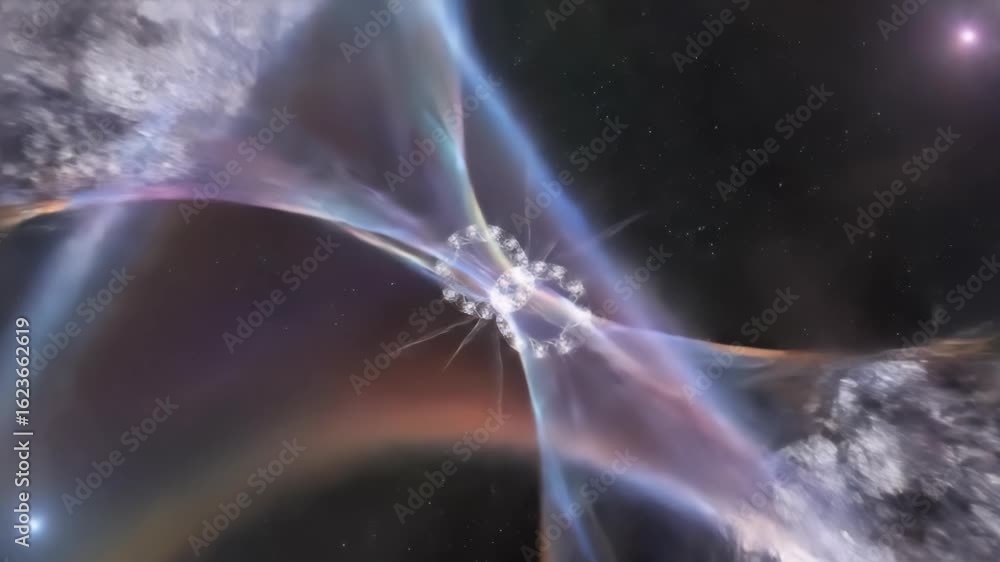 Poster abstract rendering showing two interlocking rings radiating light against a star filled background, 