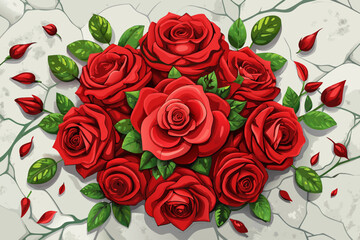 vector of From above, the composition of freshly bloomed red velvet roses arranged on a white marble table...