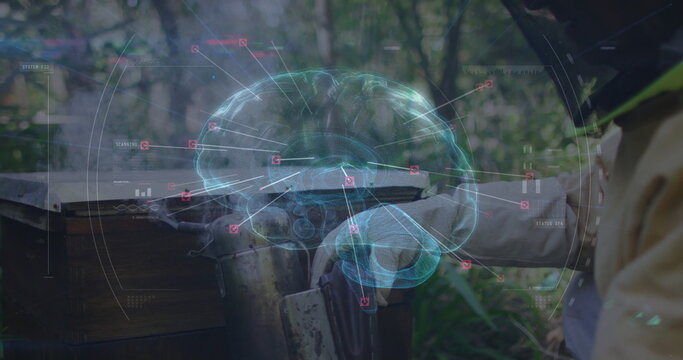 Inspecting beekeeper using hive tool lifting cover in forest with digital brain overlay, copy space - Powered by Adobe