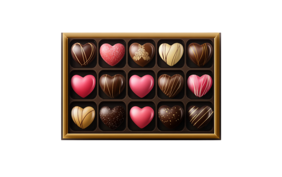Elegant selection of Valentines chocolates presented in a heart-themed box with luxurious packaging isolated on transparent background PNG