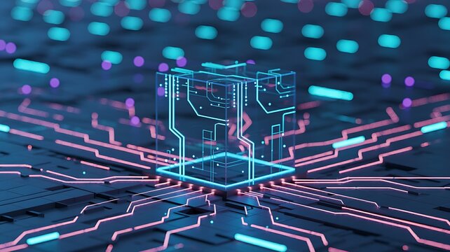 Luminous cube circuit board with glowing lines technology digital - Powered by Adobe