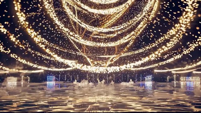 Loopable golden spark stage visual with radiant symmetrical arcs, bursting center light, and glowing reflections on glossy floor, elegant visual for galas, concerts, or luxury event backdrops