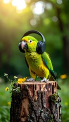 Parrot with headphones on stump