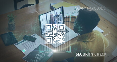Scanning woman wearing mustard sweater using laptop showing QR code at home office desk, copy space