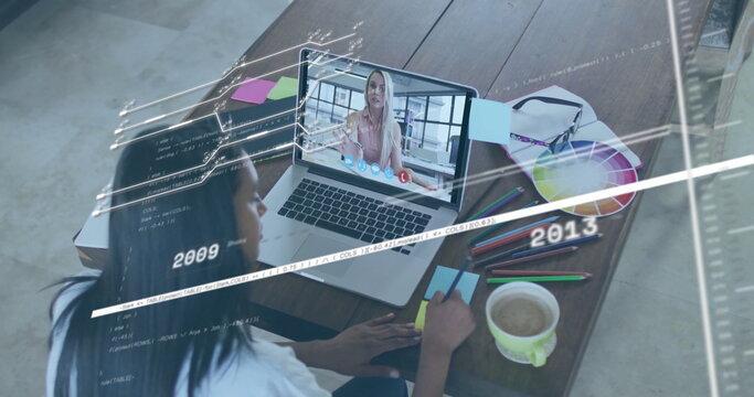 Woman scribbling sticky notes on laptop in home workspace, with code overlays color wheel